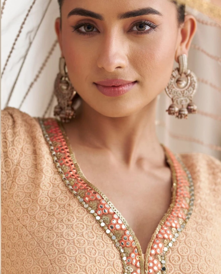 PEACH - Georgette Designer Gown with Beads Work for Festival in Peach